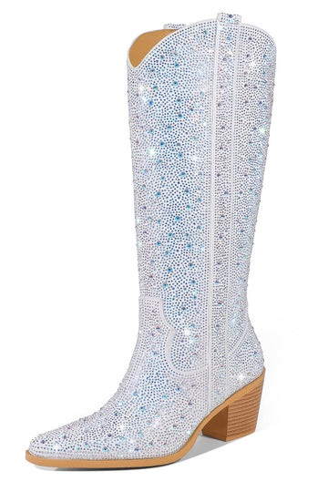 Botas plateadas de tacón grueso con punta puntiaguda brillante hasta la rodilla